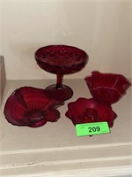 VINTAGE RUBY RED BOWLS, CANDLE HOLDER & COMPOTE