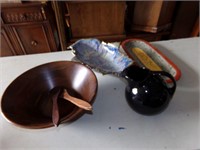Large pottery platter, bowl, pitcher & wood bowl