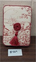 Red and ivory fabric jewelry box  - 6 3/4in x 5in