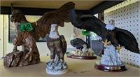 4 American Bald Eagle Figurines, Carved Wood,