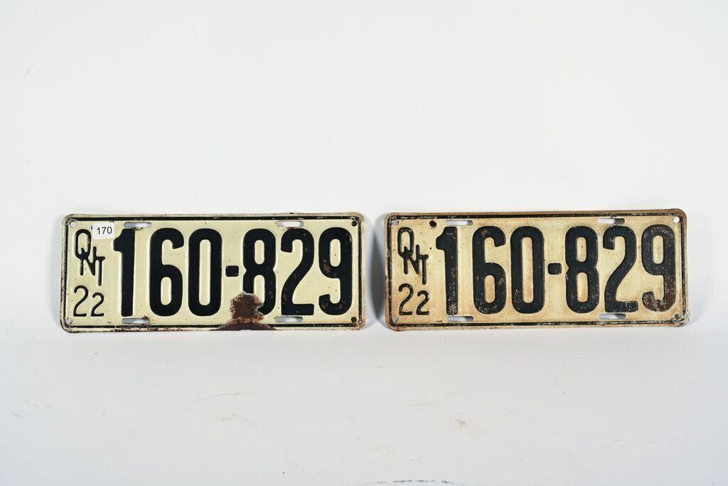 PAIR OF 1922 ONTARIO LICENSE PLATES