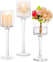 Glass Candle Holder, Tall Clear Stem, Set of 3