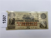 1854 Farmers & Merchants Bank $3 Bill
