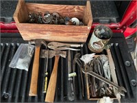 Wooden box full of vintage tools and other assorts