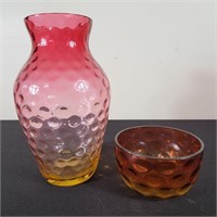 Amberina Optic Glass Vase & Bowl (2)