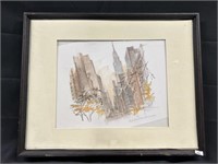 Framed Cityscape Drawing Watercolor Print.