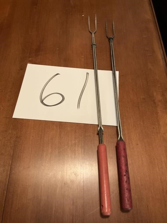 Red wooden handle, campfire forks