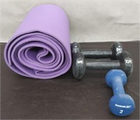 Yoga Mat approx 24" 60", 3 Hand Weights