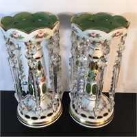 PAIR BOHEMIAN LUSTRES CASED GREEN GLASS & CRYSTAL