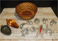 BASKET OF VINTAGE COOKIE CUTTERS & SCOOPS