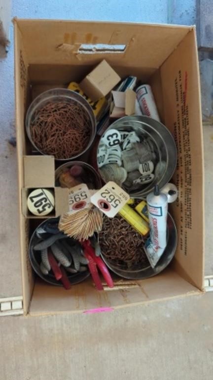 BOX OF WHITE METAL TAGS- COPPER PAPER CLIPS-