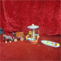 Campbell soup bank, 2- tin toys.