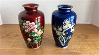 Pair ginger jars decor vases, red blue, 7 in ht