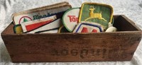 Wood Box Filled w/Assorted Patches & Etc.