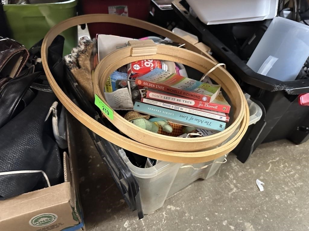 LARGE BIN OF MISC / EMBROIDERY HOOPS