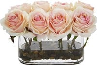 Nearly Natural Blooming Roses in Glass Vase, 5.5"