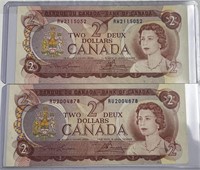 (2) Vintage 1974 Canadian $2 Paper Bills, Both in