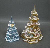 Two Fenton Flocked Carnival Glass Christmas Trees