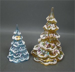 Two Fenton Flocked Carnival Glass Christmas Trees
