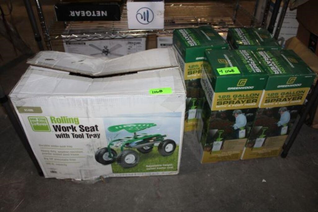 Rolling Work Seat, (4) 1.25 Gal. Sprayers in