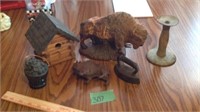 Cast iron buffalo, birdhouse, Sad iron