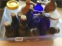 Lot of Assorted colored bottles, blue, etc