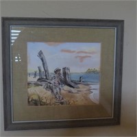 Framed Watercolor of a Drunk Sailer on the Beach