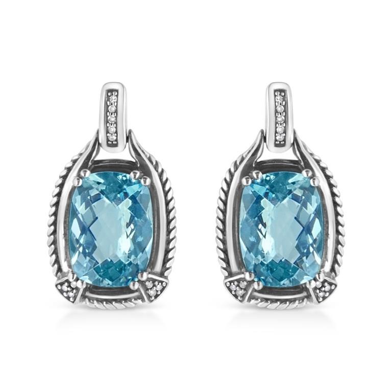 Cushion-cut 18.10ct Blue Topaz & Diamond Earrings