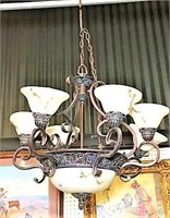 Metal 6 Arm Chandelier with Marbleized Shades