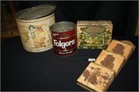 Vintage tin; Folger's Can ;Post Card Box;