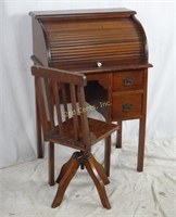 Antique Oak Child's Roll Top Desk W/ Antique Stool