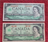 2 1967 $1 dollar centennial notes good condition