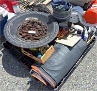 Two 5 gal metal buckets, misc , fire pit