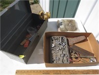 Hand toolbox, sockets, wedge, misc.