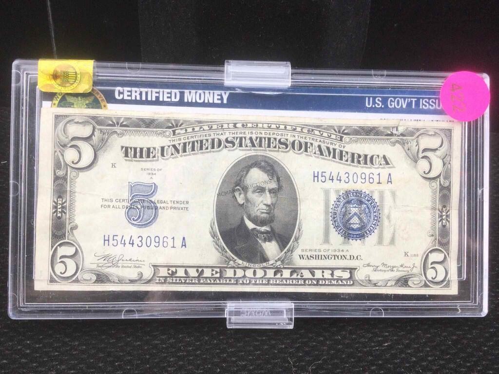 Cased $5 Silver Certificate - 1934A - by WRME