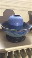 Signed pottery bowl, blue glaze pottery vase,