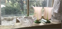 Window sill lot , 2 footed cut glass bowls, 2