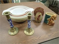 (4) Pyrex Nesting Mixing Bowls, (2) Brass Candle