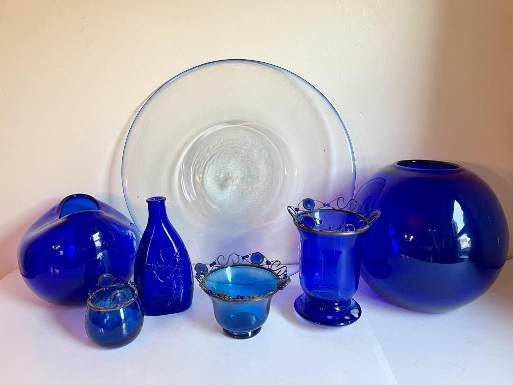 Blenko Plate and Cobalt Blue Decorative Glass