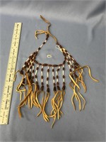 Native American long fringed, trade bead and leath
