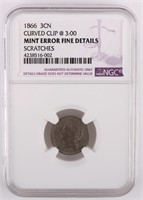 1866 3CN CURVED CLIP @3:00 MINT ERROR COIN