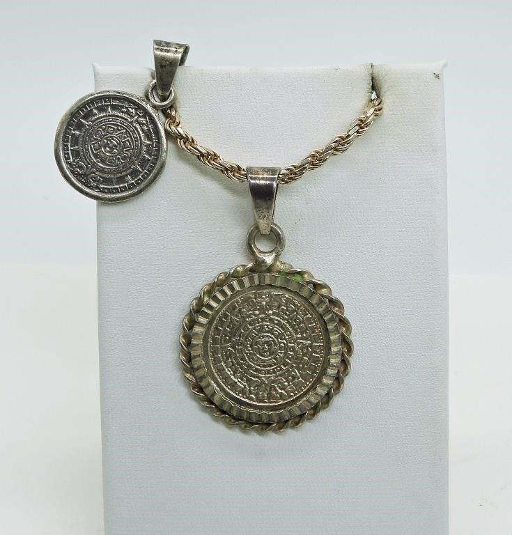 2 STERLING MAYAN PENDANTS & CHAIN