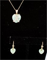 Jewelry 14kt Gold Jade Heart Necklace & Earrings