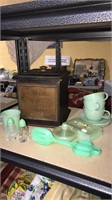 Wood cookie jar, and a group of green vintage
