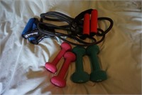 4 weights, resistance bands