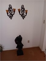 Two wall candle holders and a 32" plastic statue