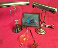 2 BRASS DESK LAMPS OIL PAINTING & GLASS BAROMETER