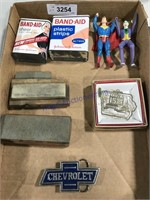 Misc--tins, figurines, IA ornament, Chev. buckle