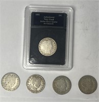 5x 1892-1916 Barber Silver Quarters