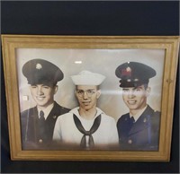 Vtg Wood Framed Picture of 3 Service Members